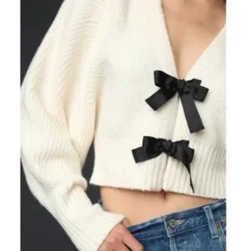 Pink Rose White Cropped Bow Cardigan Sweater Coquette Shaker Knit Large